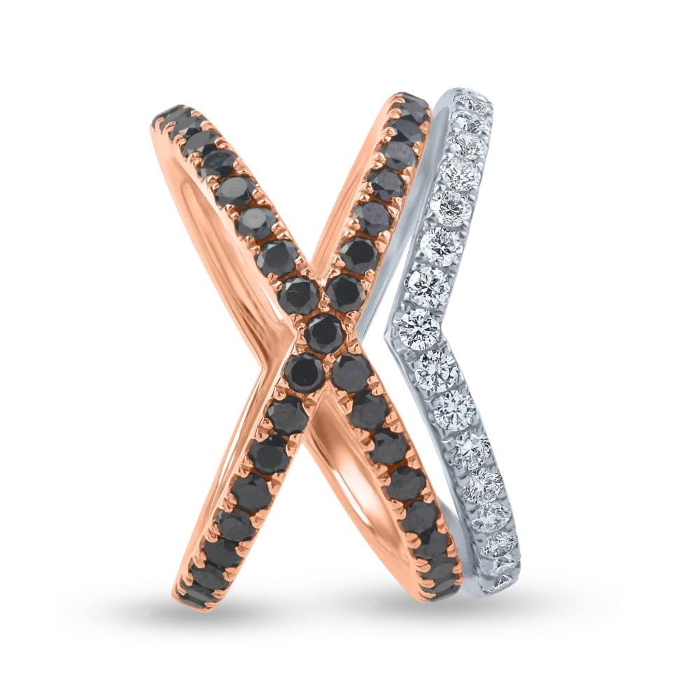 Inel din aur alb-roz cu diamante negre de 0.8ct si diamante incolore de 0.3ct - imagine 2