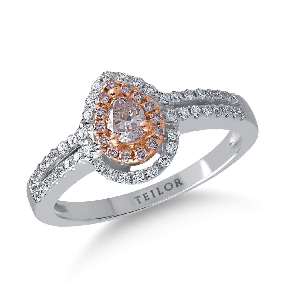 Inel din aur alb-roz cu diamante roz pear si rotunde de 0.29ct si diamante transparente de 0.24ct