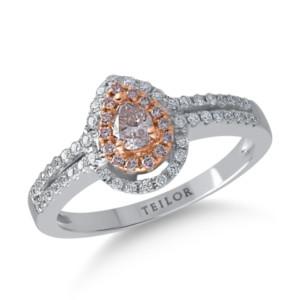 Inel din aur alb-roz cu diamante roz pear si rotunde de 0.29ct si diamante transparente de 0.24ct