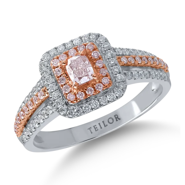 Inel din aur alb-roz cu diamante roz cushion si rotunde de 0.43ct si diamante transparente de 0.3ct