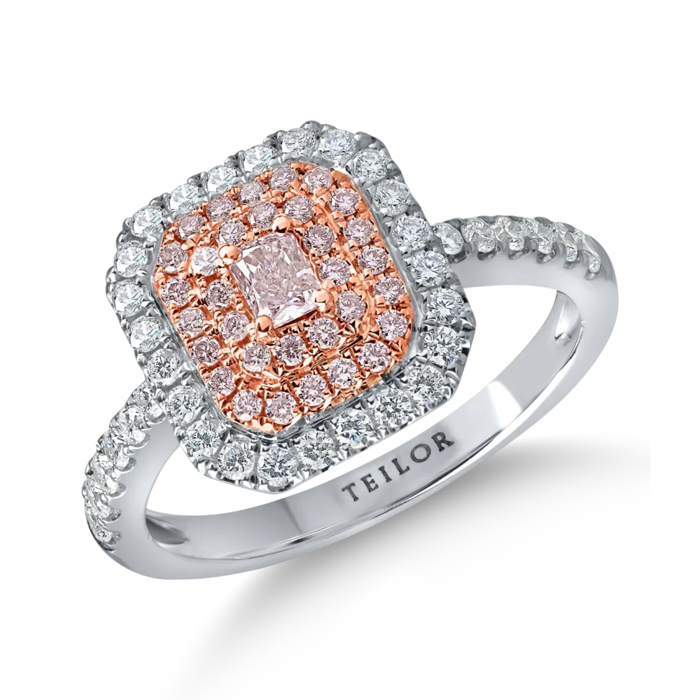 Inel din aur alb-roz cu diamante roz rectangulare si incolore de 0.8ct