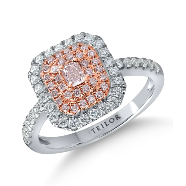 Inel din aur alb-roz cu diamante roz rectangulare si incolore de 0.8ct