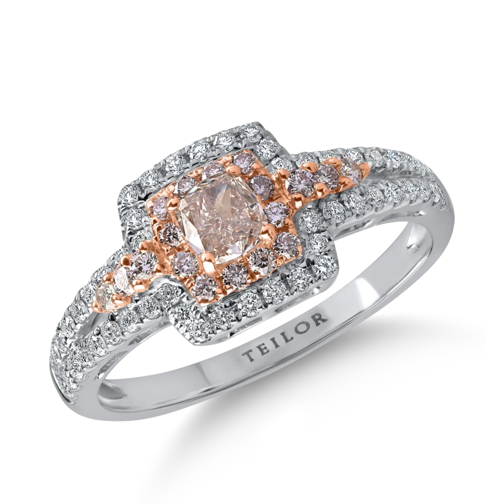 Inel din aur alb-roz cu diamante roz rectangulare si rotunde si diamante incolore de 0.8ct