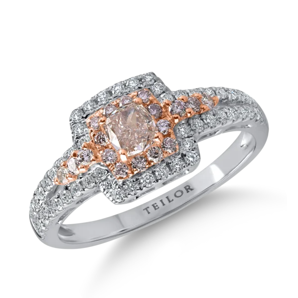 Inel din aur alb-roz cu diamante roz rectangulare si rotunde si diamante incolore de 0.8ct