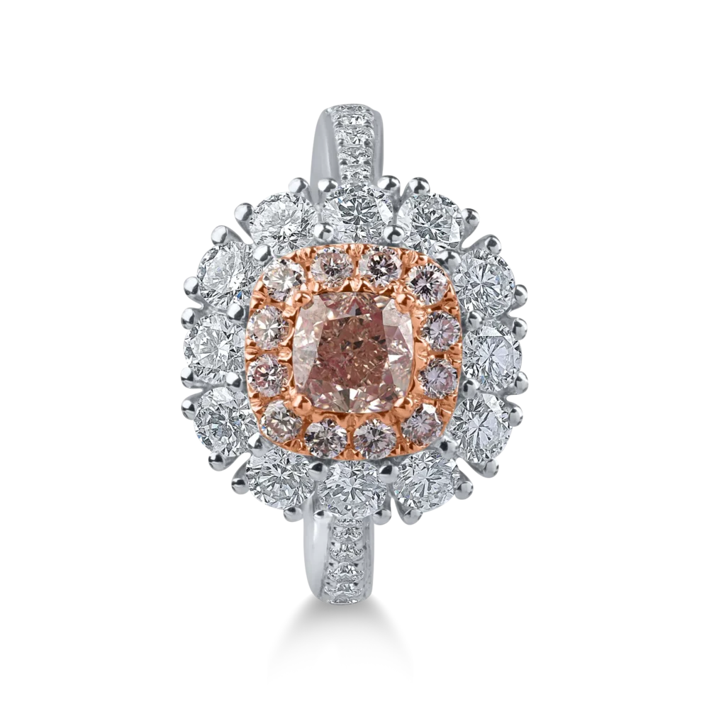 Inel din aur alb-roz cu un diamant fancy roz cushion de 0.7ct si diamante roz si incolore de 1.5ct - imagine 2