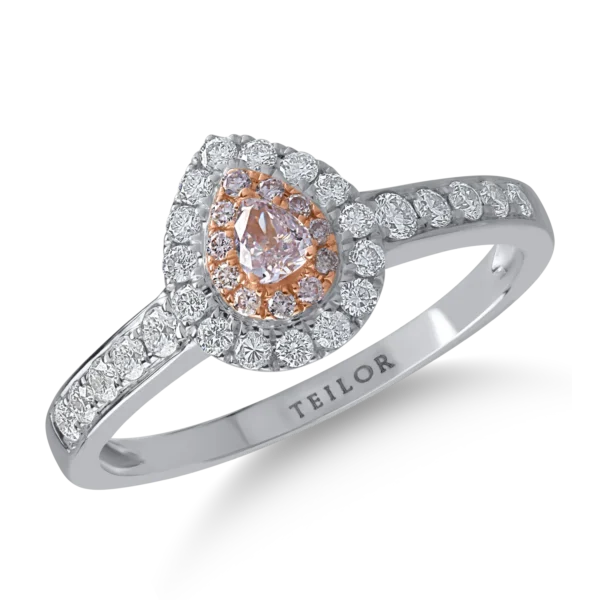 Inel din aur alb-roz cu diamante transparente de 0.35ct si diamante roz pear si rotunde de 0.16ct
