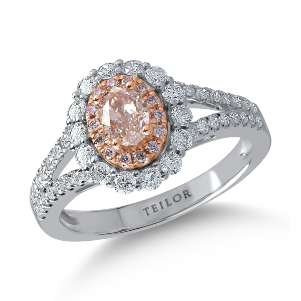 Inel din aur alb-roz cu diamante transparente de 0.59ct si diamante roz ovale si rotunde de 0.58ct