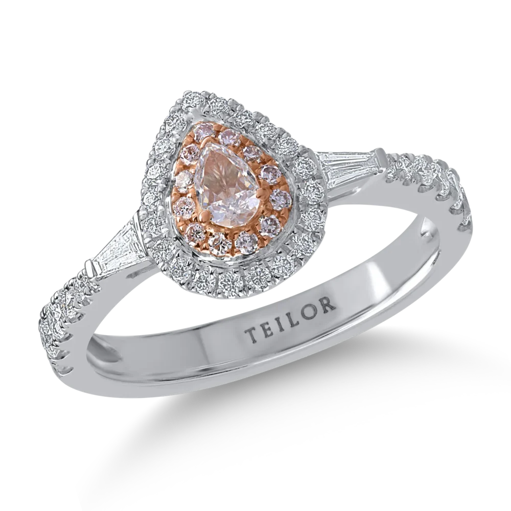 Inel din aur alb-roz cu diamante transparente baguette si rotunde de 0.5ct si diamante roz pear si rotunde de 0.25ct