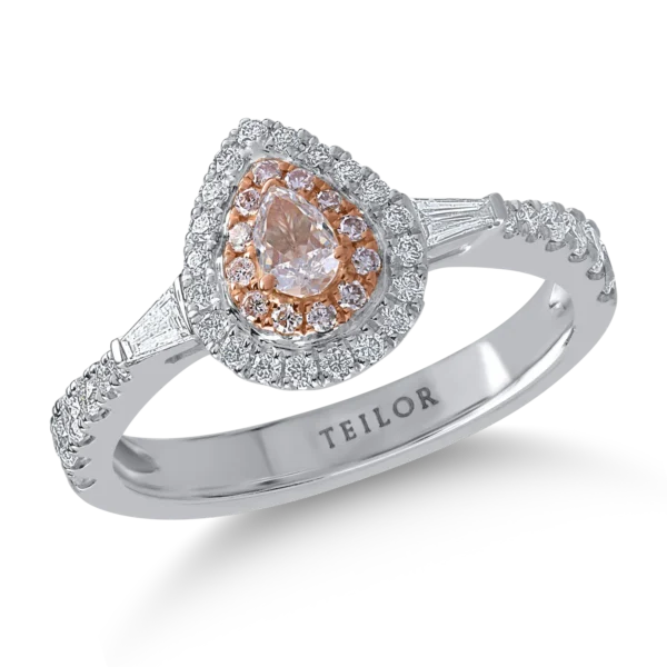 Inel din aur alb-roz cu diamante transparente baguette si rotunde de 0.5ct si diamante roz pear si rotunde de 0.25ct