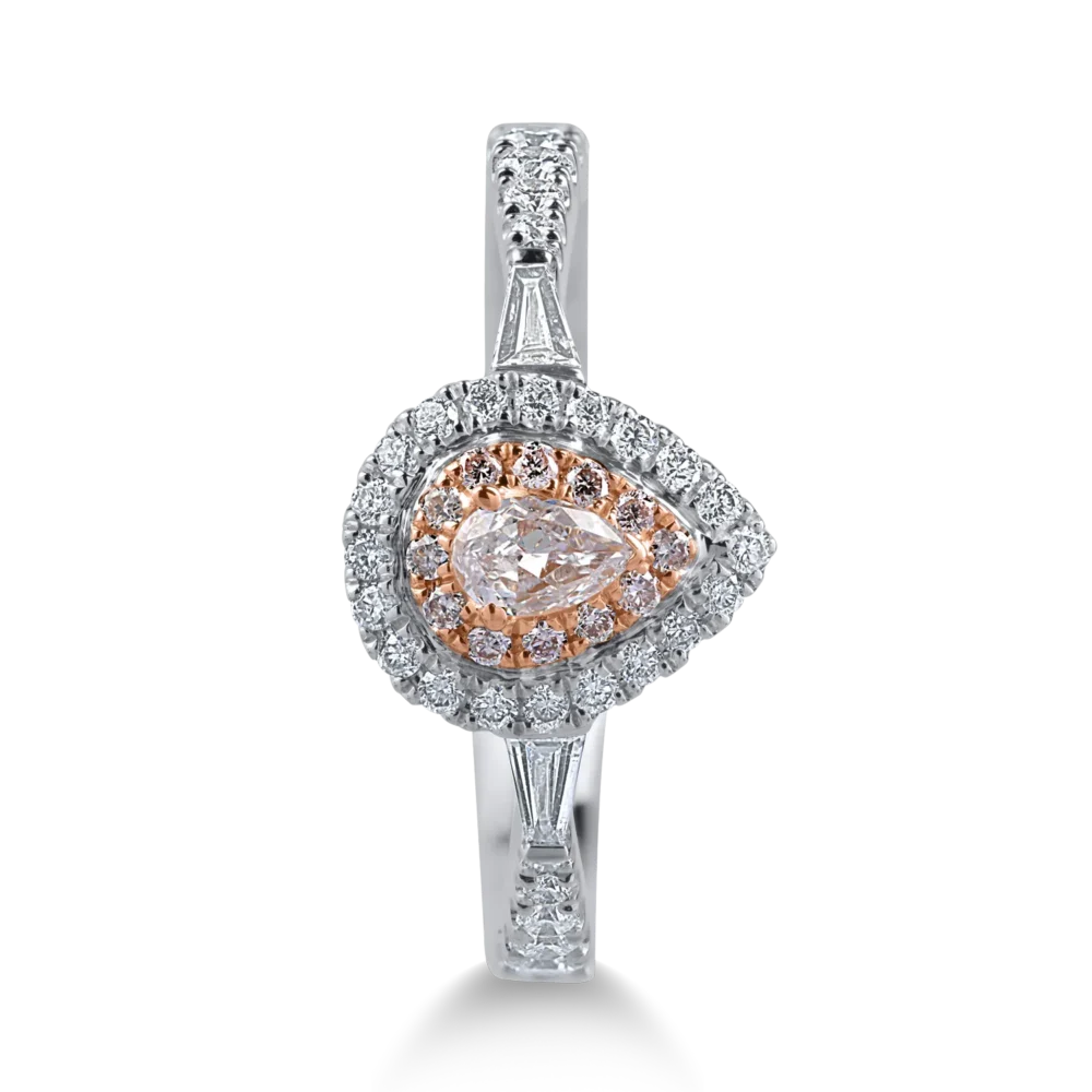 Inel din aur alb-roz cu diamante transparente baguette si rotunde de 0.5ct si diamante roz pear si rotunde de 0.25ct - imagine 2