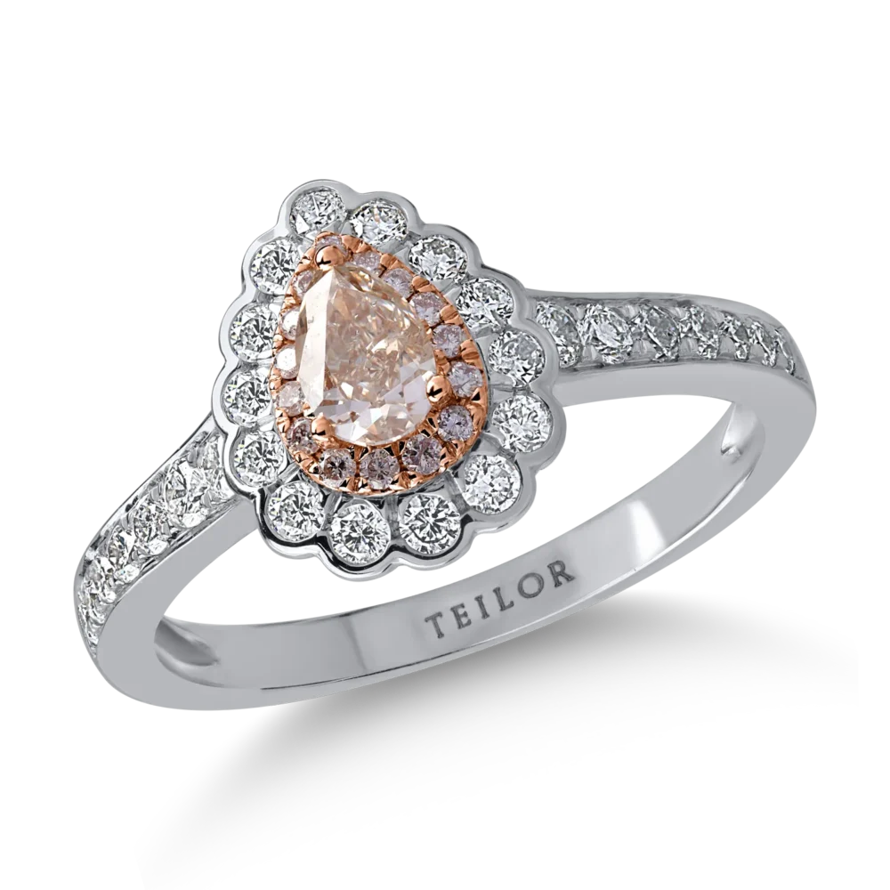 Inel din aur alb-roz cu diamante transparente de 0.5ct si diamante roz pear si rotunde de 0.42ct