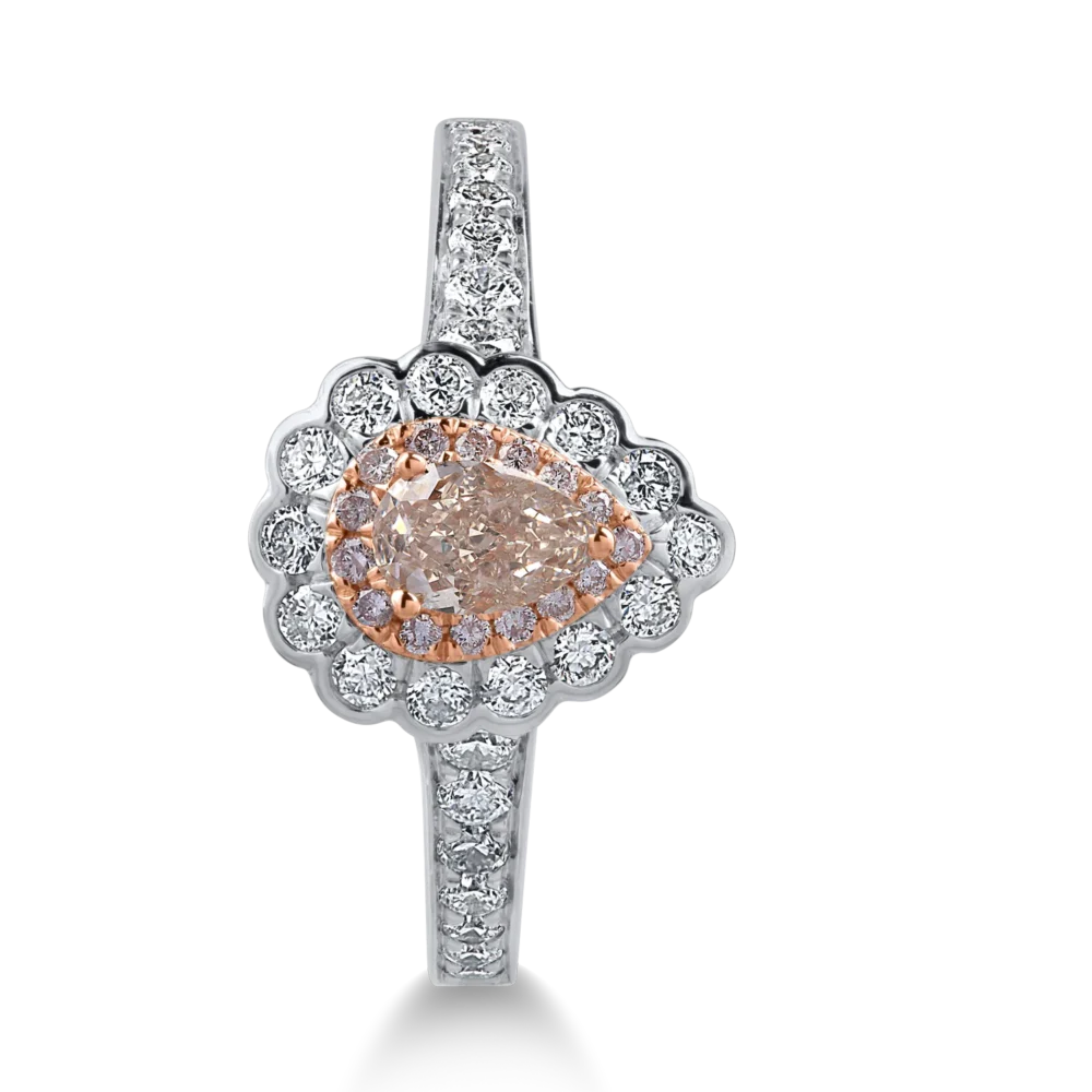 Inel din aur alb-roz cu diamante transparente de 0.5ct si diamante roz pear si rotunde de 0.42ct - imagine 2