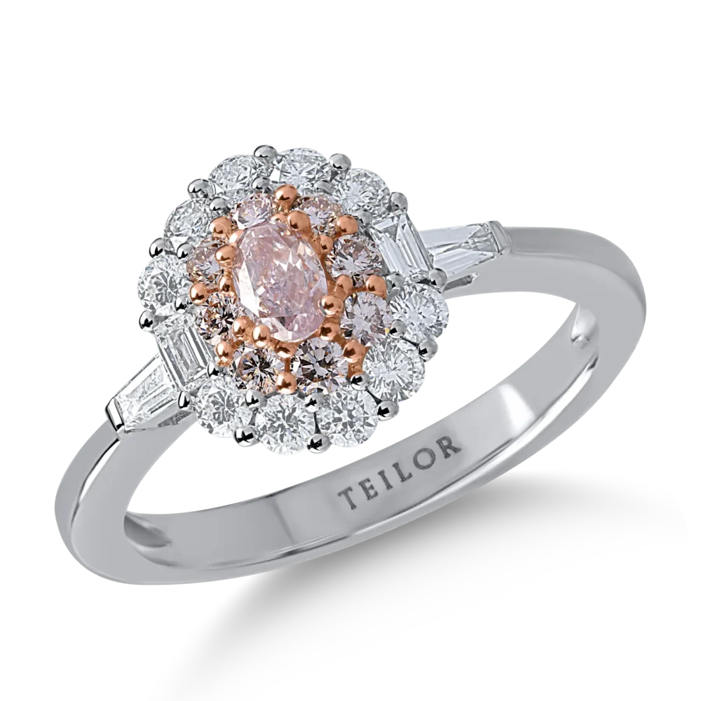 Inel din aur alb-roz cu diamante transparente baguette si rotunde de 0.5ct si diamante roz ovale si rotunde de 0.4ct