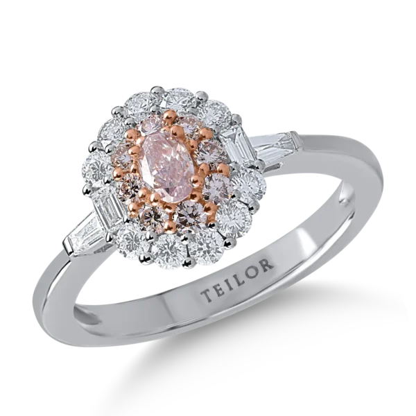 Inel din aur alb-roz cu diamante transparente baguette si rotunde de 0.5ct si diamante roz ovale si rotunde de 0.4ct