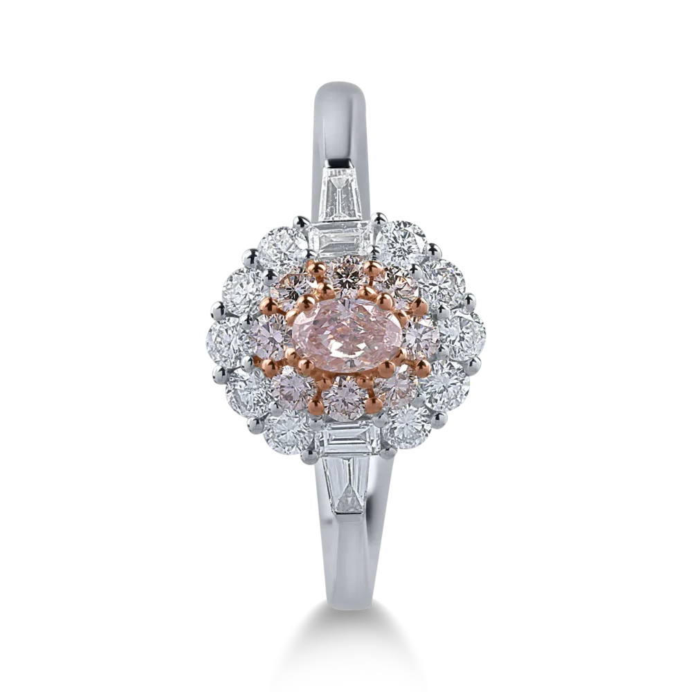 Inel din aur alb-roz cu diamante transparente baguette si rotunde de 0.5ct si diamante roz ovale si rotunde de 0.4ct - imagine 2