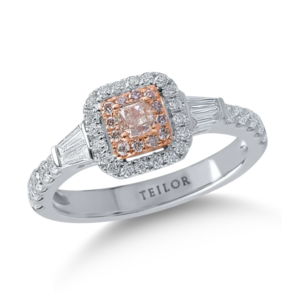 Inel din aur alb-roz cu diamante transparente baguette si rotunde de 0.62ct si diamante roz cushion si rotunde de 0.29ct