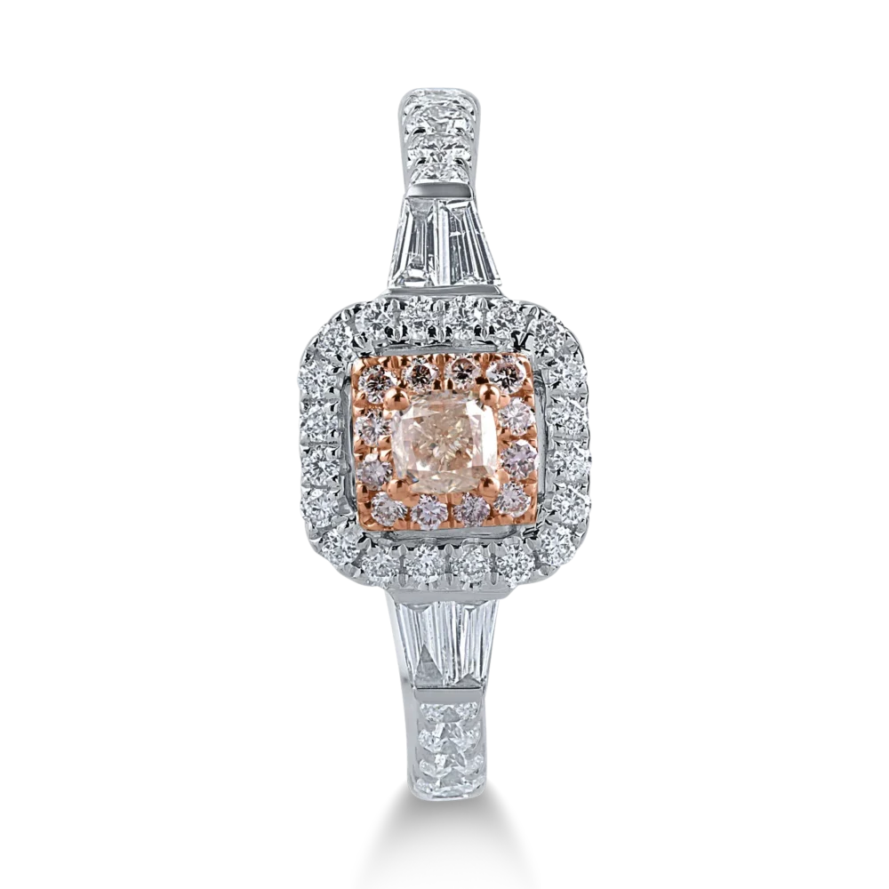 Inel din aur alb-roz cu diamante transparente baguette si rotunde de 0.62ct si diamante roz cushion si rotunde de 0.29ct - imagine 2