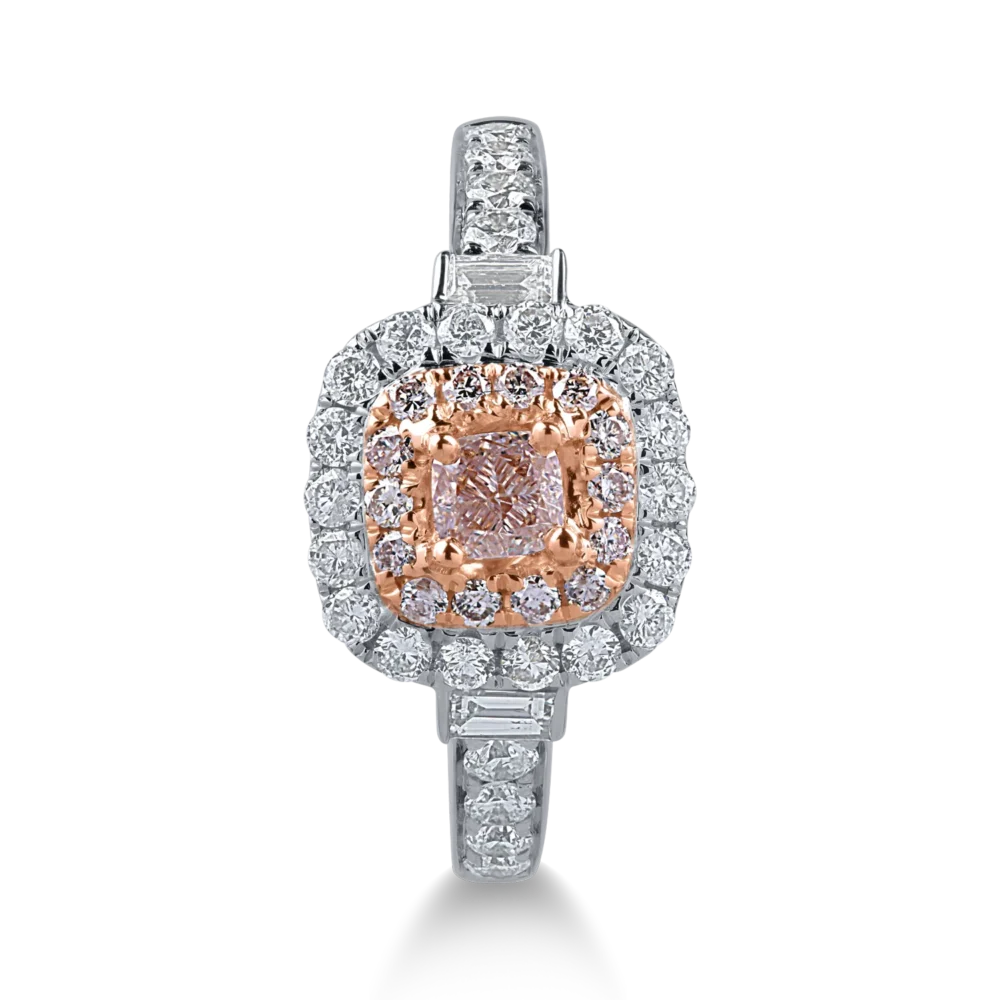 Inel din aur alb-roz cu diamante transparente baguette si rotunde de 0.6ct si diamante roz cushion si rotunde de 0.38ct - imagine 2