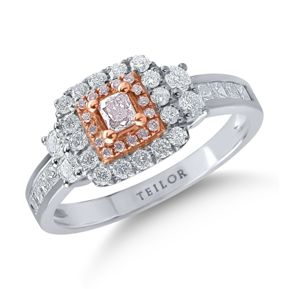 Inel din aur alb-roz cu diamante transparente princess si rotunde de 0.71ct si diamante roz cushion si rotunde de 0.15ct