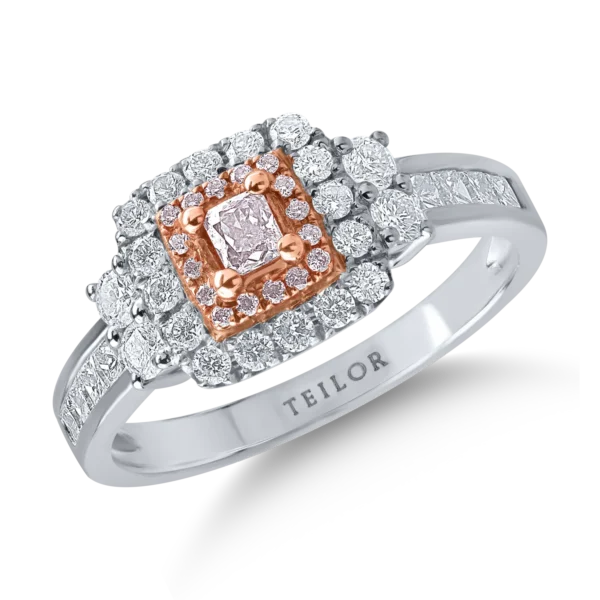 Inel din aur alb-roz cu diamante transparente princess si rotunde de 0.71ct si diamante roz cushion si rotunde de 0.15ct