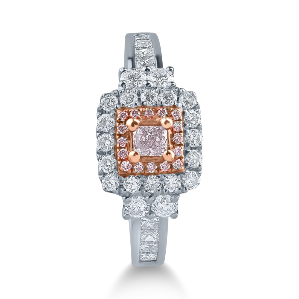 Inel din aur alb-roz cu diamante transparente princess si rotunde de 0.71ct si diamante roz cushion si rotunde de 0.15ct - imagine 2