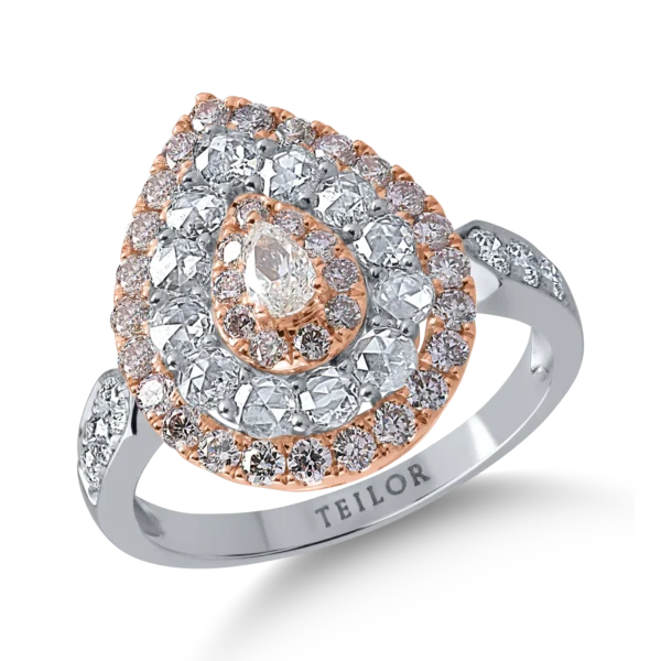 Inel din aur alb-roz cu diamante incolore rose si rotunde de 0.73ct si diamante roz pear si rotunde de 0.67ct