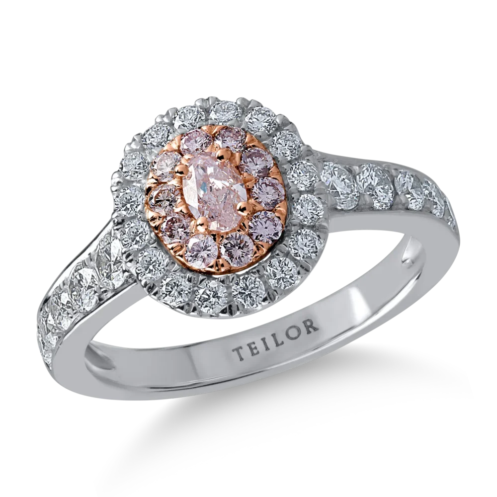 Inel din aur alb-roz cu diamante transparente de 0.76ct si diamante roz ovale si rotunde de 0.36ct