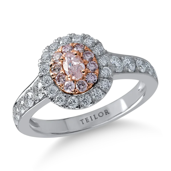 Inel din aur alb-roz cu diamante transparente de 0.76ct si diamante roz ovale si rotunde de 0.36ct
