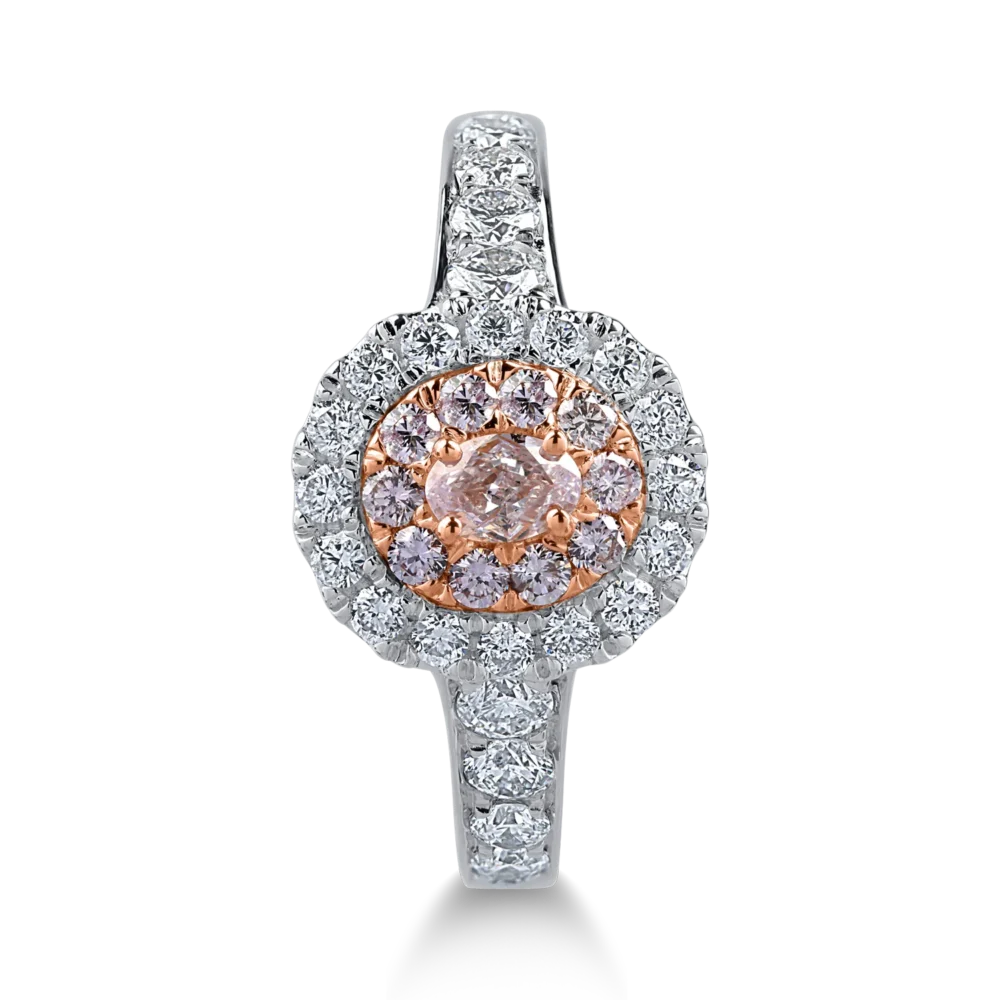 Inel din aur alb-roz cu diamante transparente de 0.76ct si diamante roz ovale si rotunde de 0.36ct - imagine 2