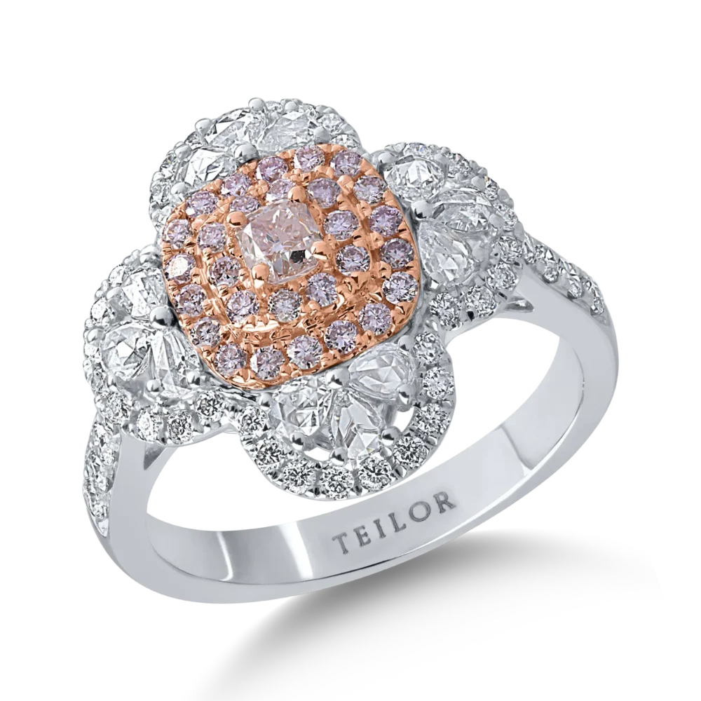 Inel din aur alb-roz cu diamante transparente rose si rotunde de 0.86ct si diamante roz cushion si rotunde de 0.43ct