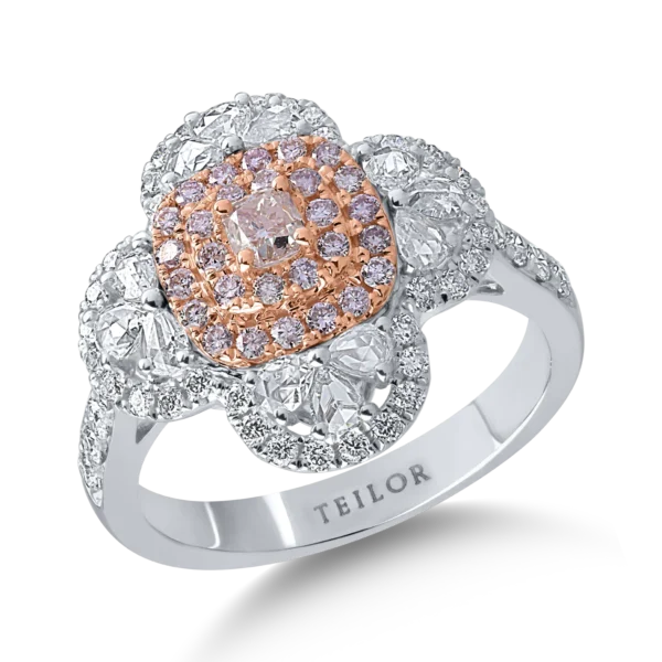 Inel din aur alb-roz cu diamante transparente rose si rotunde de 0.86ct si diamante roz cushion si rotunde de 0.43ct