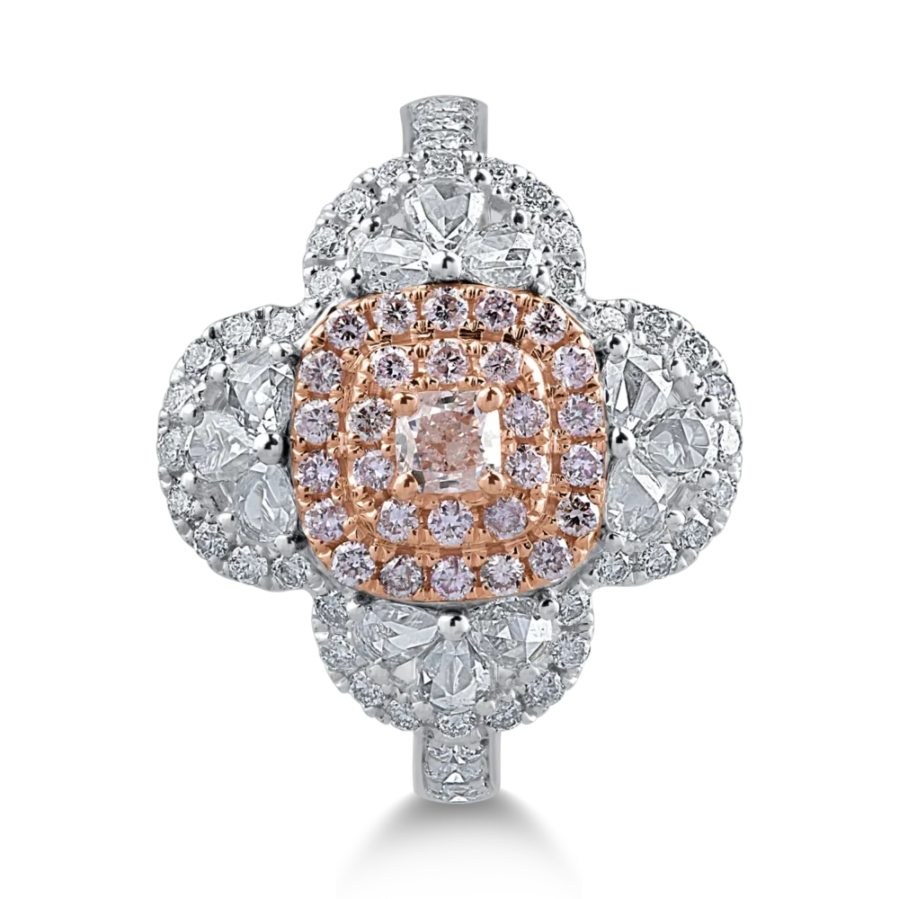 Inel din aur alb-roz cu diamante transparente rose si rotunde de 0.86ct si diamante roz cushion si rotunde de 0.43ct - imagine 2