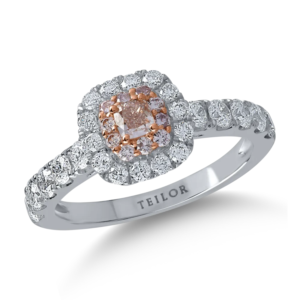 Inel din aur alb-roz cu diamante transparente de 0.91ct si diamante roz cushion si rotunde de 0.32ct