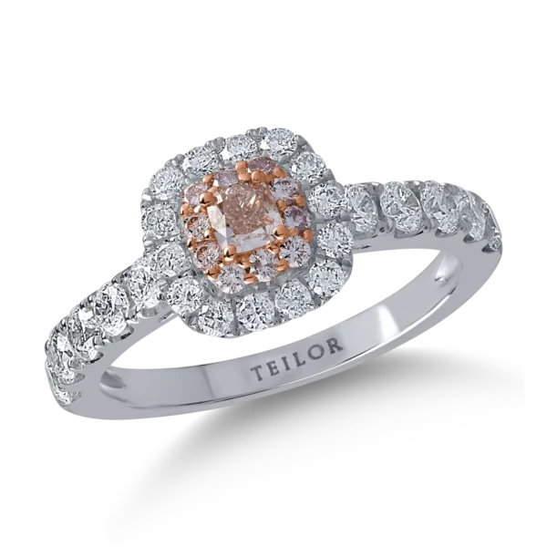 Inel din aur alb-roz cu diamante transparente de 0.91ct si diamante roz cushion si rotunde de 0.32ct