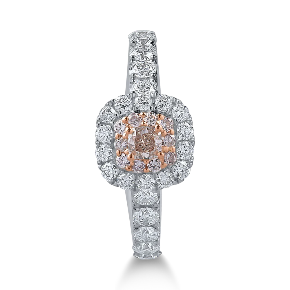 Inel din aur alb-roz cu diamante transparente de 0.91ct si diamante roz cushion si rotunde de 0.32ct - imagine 2