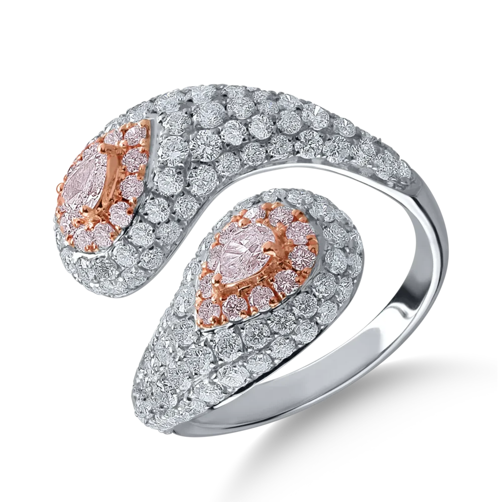 Inel din aur alb-roz cu diamante transparente de 2.09ct si diamante roz pear si rotunde de 0.59ct