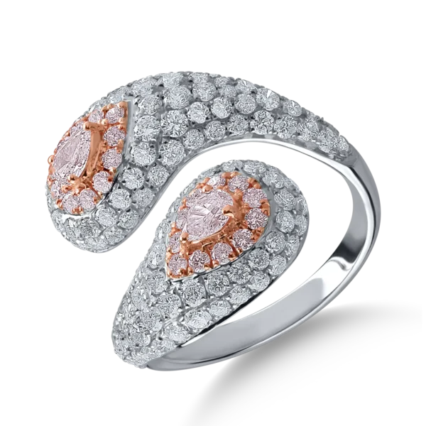 Inel din aur alb-roz cu diamante transparente de 2.09ct si diamante roz pear si rotunde de 0.59ct