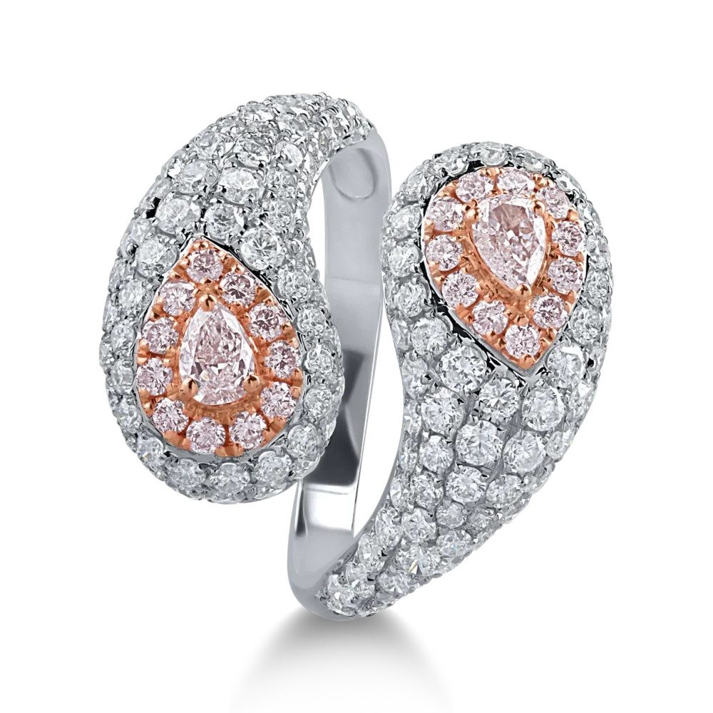 Inel din aur alb-roz cu diamante transparente de 2.09ct si diamante roz pear si rotunde de 0.59ct - imagine 2