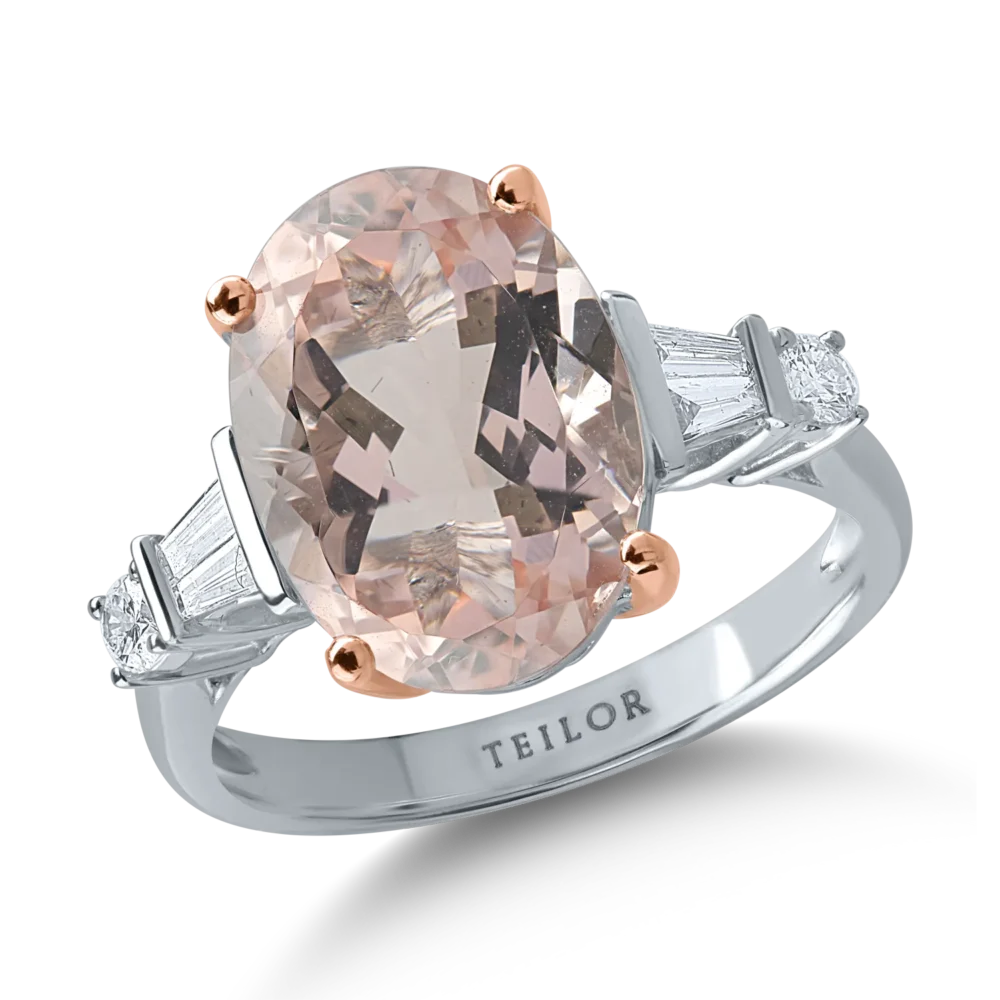 Inel din aur alb-roz cu morganit oval de 5.4ct si diamante de 0.2ct