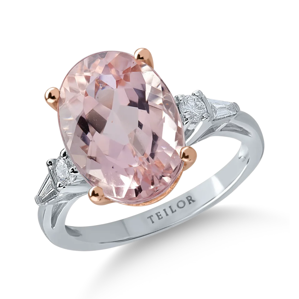 Inel din aur alb-roz cu morganit oval de 5.9ct si diamante de 0.2ct