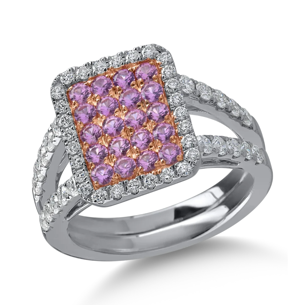 Inel din aur alb-roz cu safire roz de 0.69ct si diamante de 0.72ct