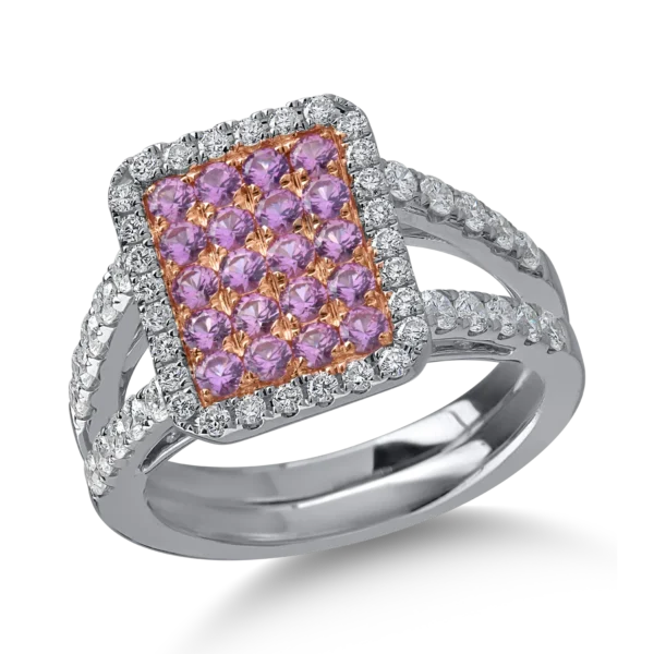 Inel din aur alb-roz cu safire roz de 0.69ct si diamante de 0.72ct