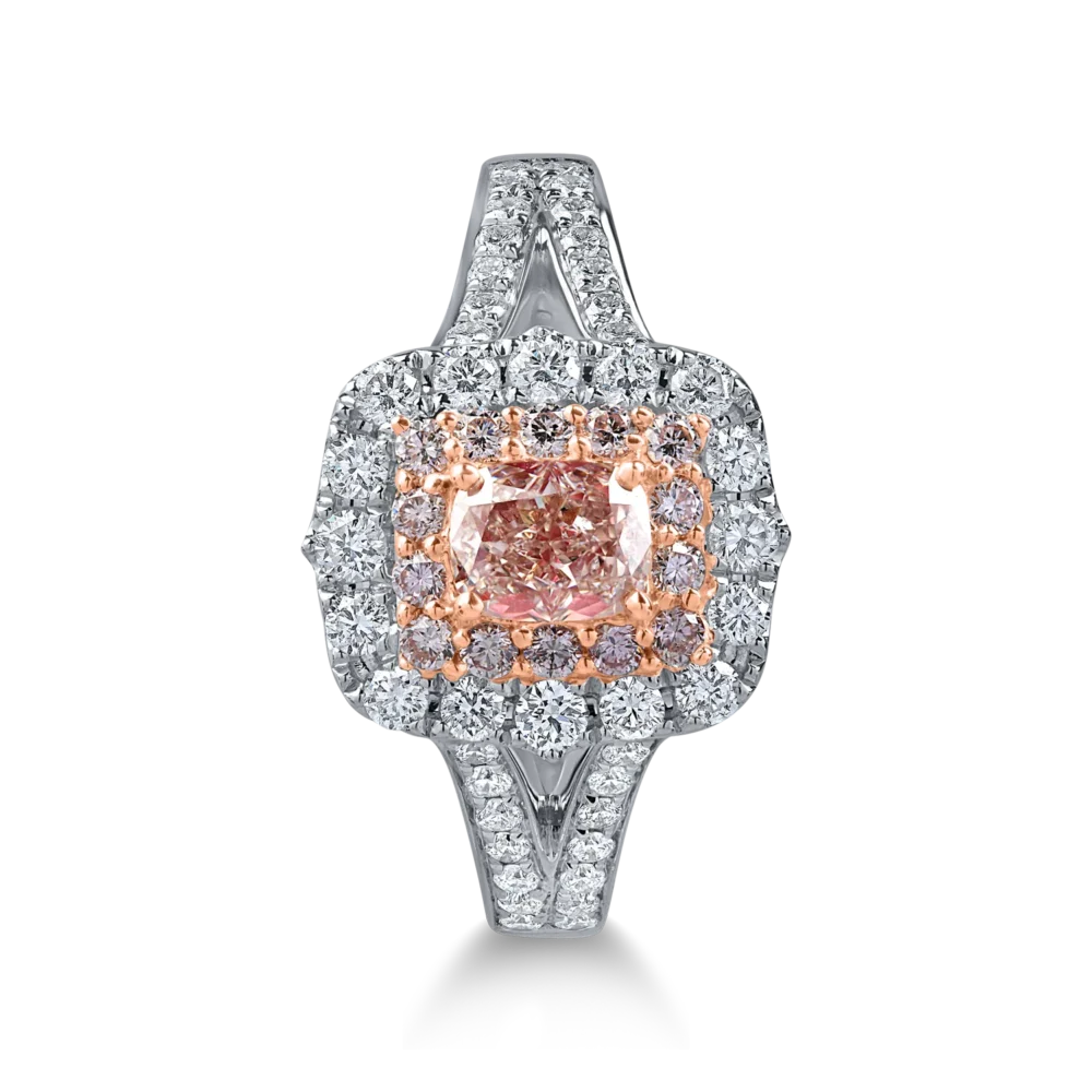 Inel din aur alb-roz cu un diamant fancy roz cushion de 0.5ct si diamante roz si incolore de 0.75ct - imagine 2