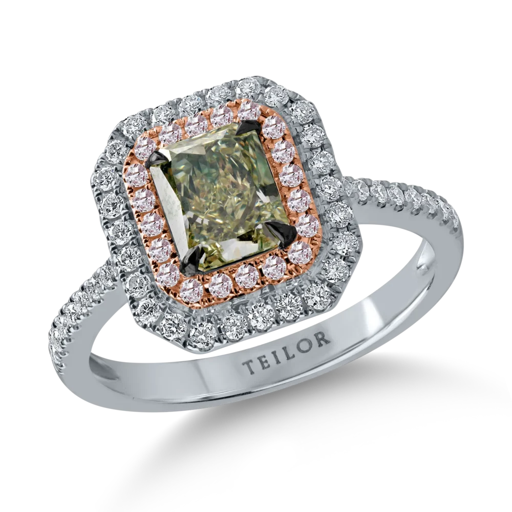 Inel din aur alb-roz cu un diamant verde emerald de 1.17ct si diamante incolore si roz halo pave de 0.44ct