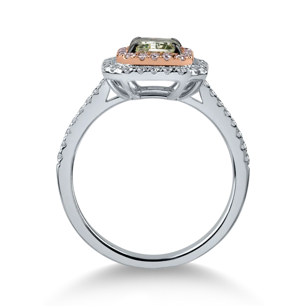 Inel din aur alb-roz cu un diamant verde emerald de 1.17ct si diamante incolore si roz halo pave de 0.44ct - imagine 2