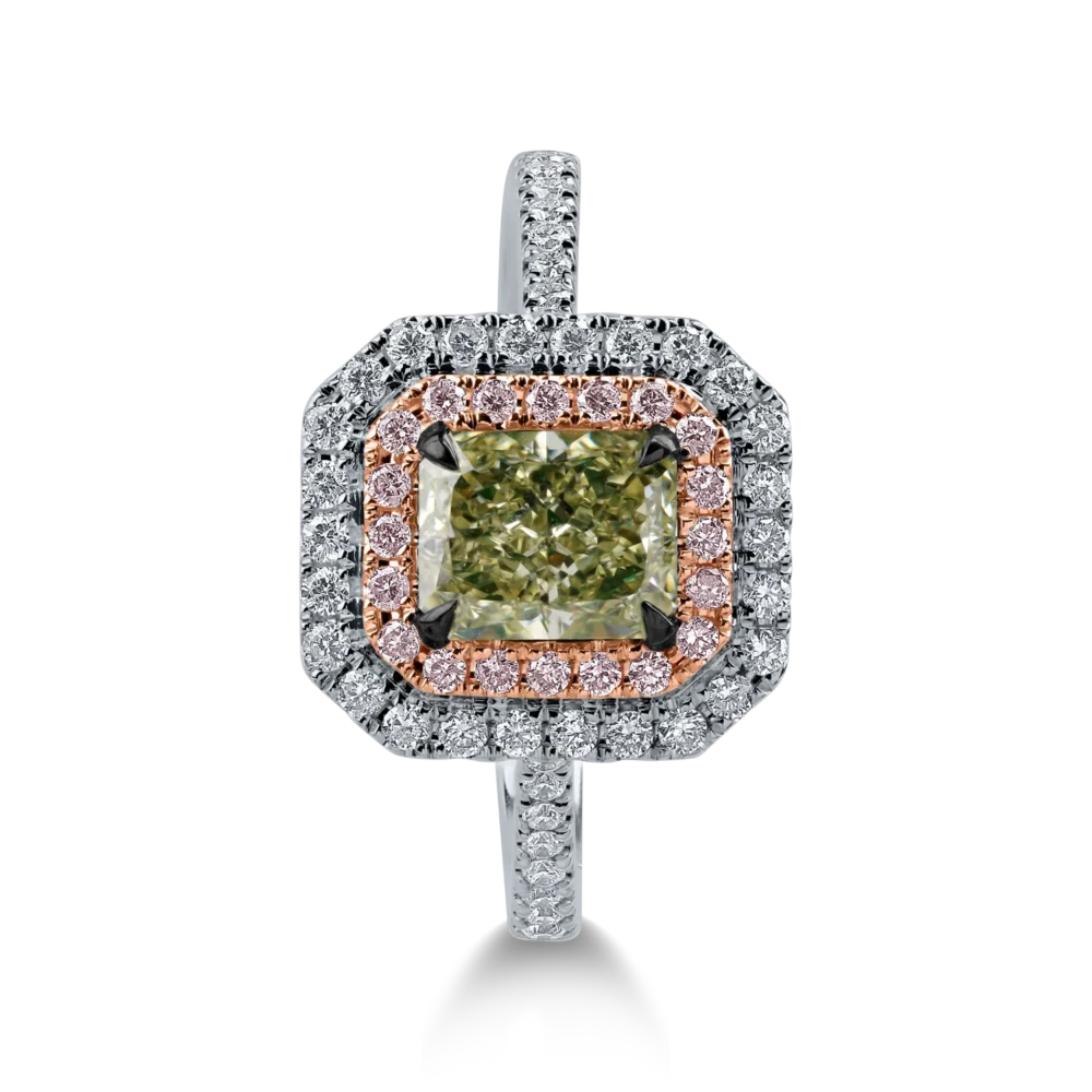 Inel din aur alb-roz cu un diamant verde emerald de 1.17ct si diamante incolore si roz halo pave de 0.44ct - imagine 3