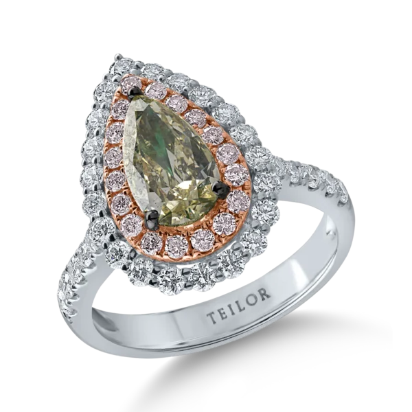 Inel din aur alb-roz cu un diamant verde central pear de 1.27ct si diamante incolore si roz halo pave de 1.12ct