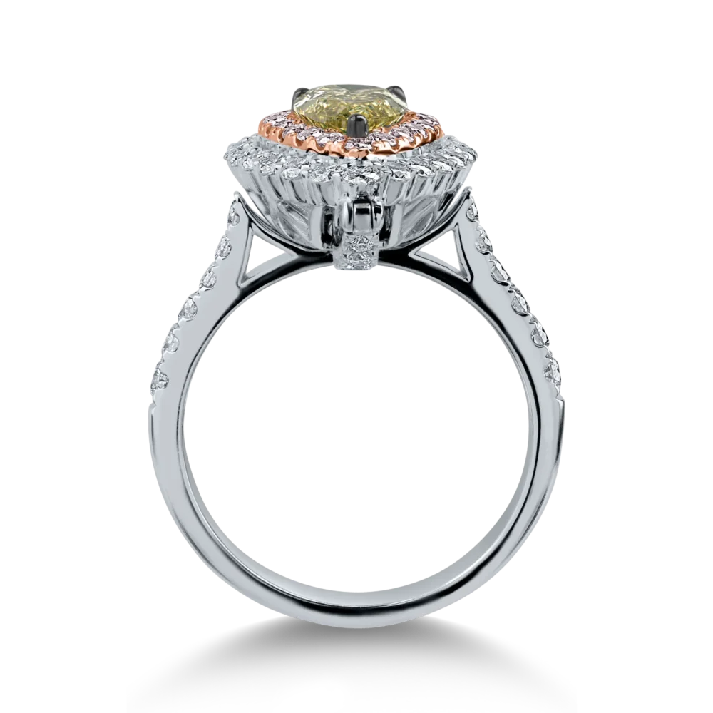 Inel din aur alb-roz cu un diamant verde central pear de 1.27ct si diamante incolore si roz halo pave de 1.12ct - imagine 2