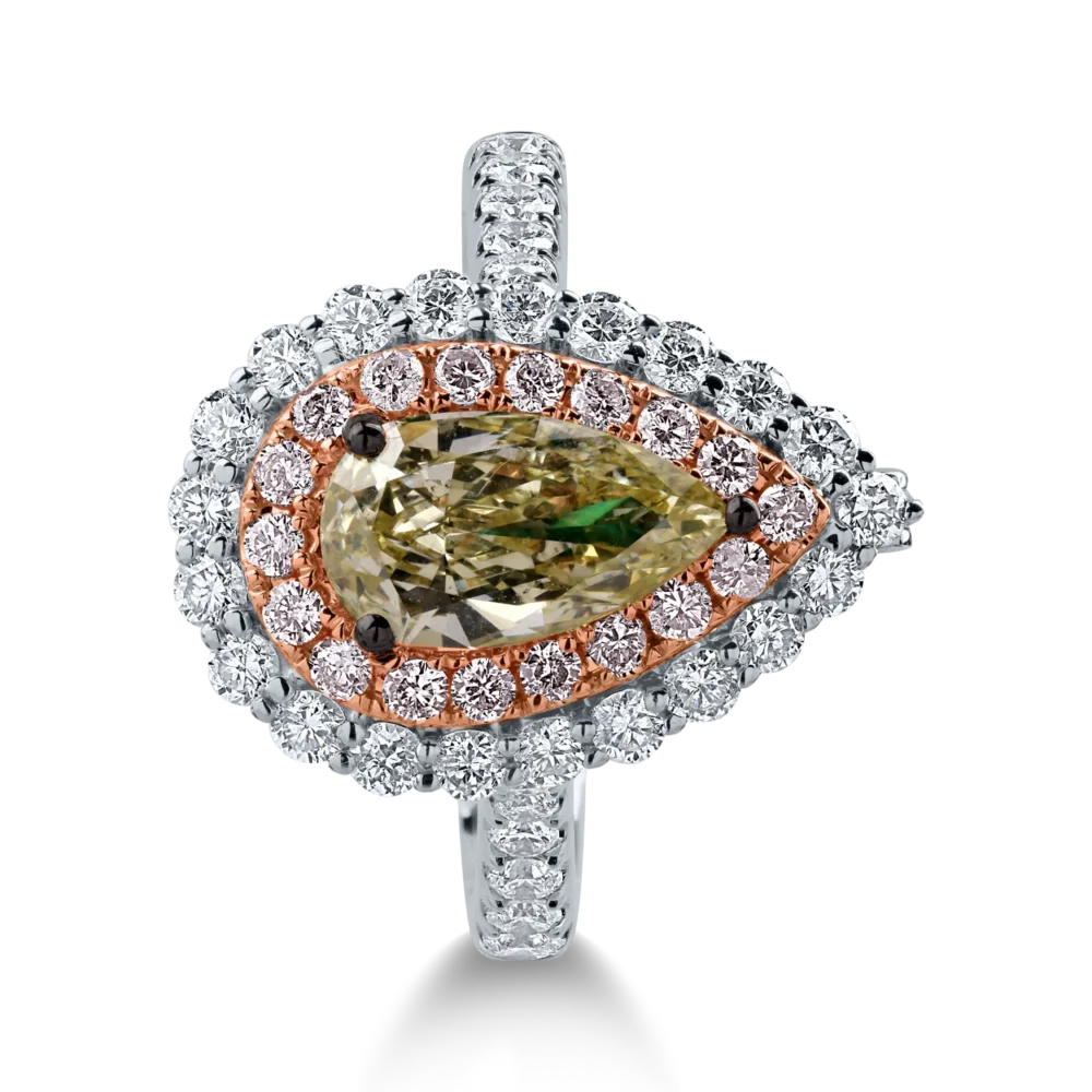 Inel din aur alb-roz cu un diamant verde central pear de 1.27ct si diamante incolore si roz halo pave de 1.12ct - imagine 3