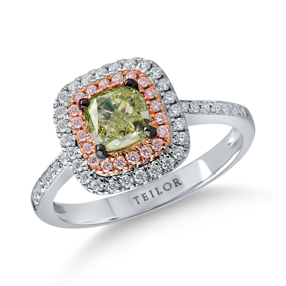Inel din aur alb-roz cu un diamant verde cushion de 1ct si diamante incolore de 0.3ct